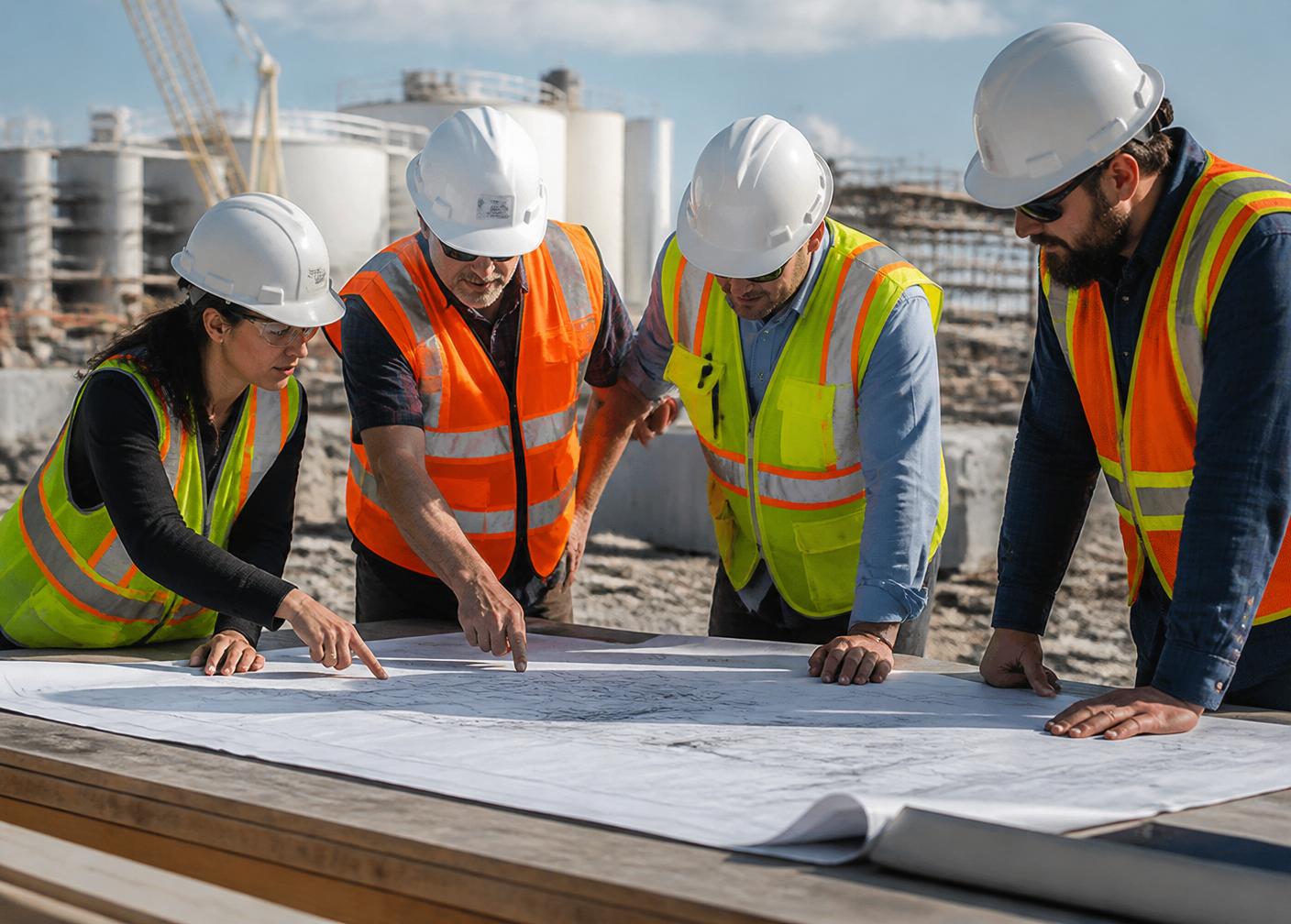 Engineers reviewing site plans at an industrial construction site