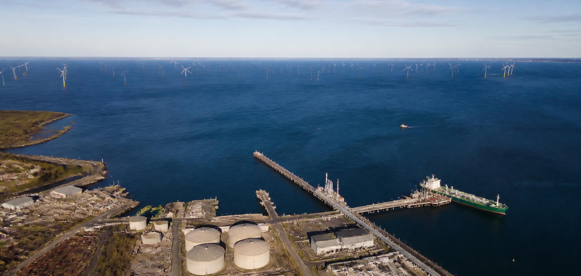 Aerial view of Rhode Island offshore wind turbines and port infrastructure
